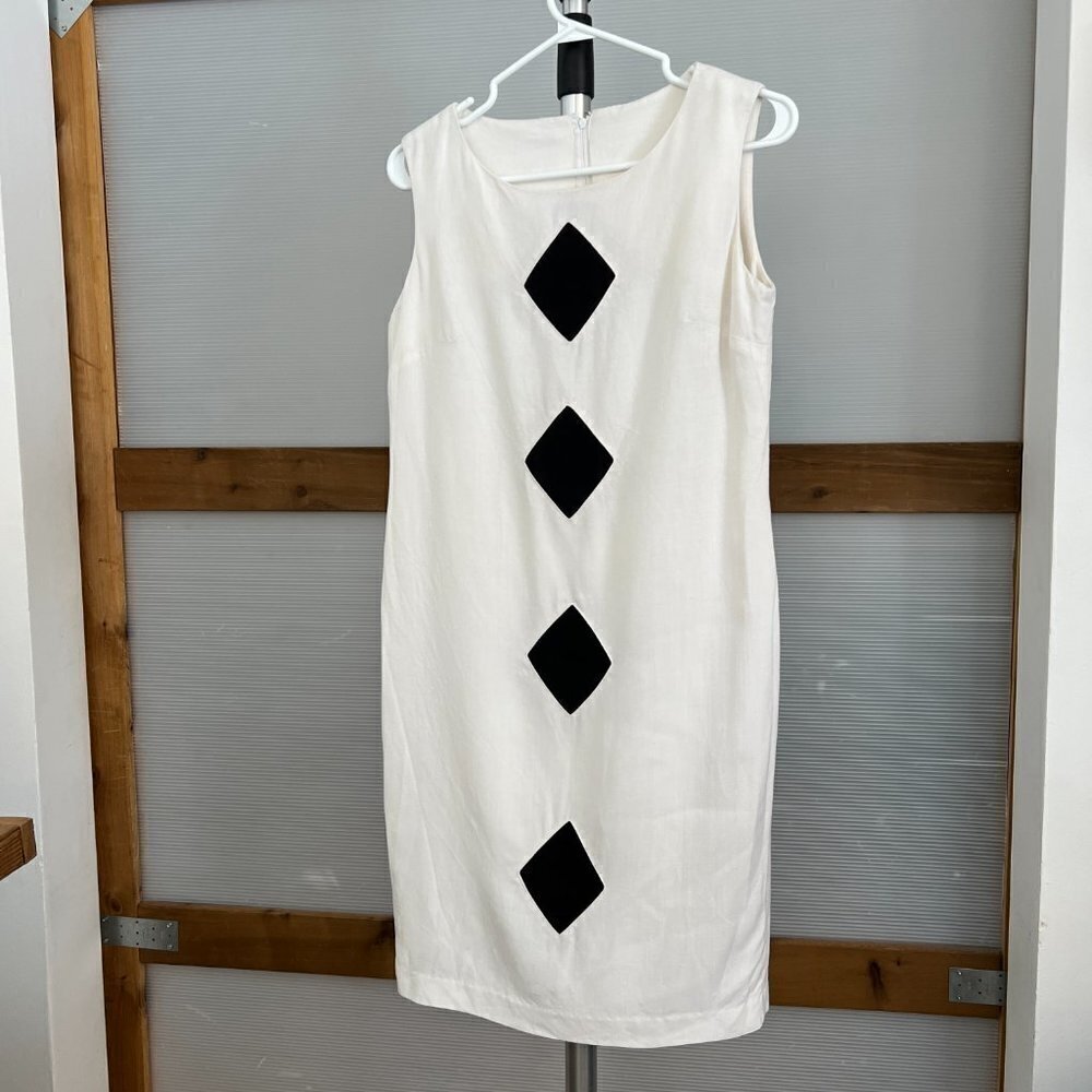 VTG Donna White Linen Black Diamond Geometric Sleeveless Shift Midi Dress Sz 8 - Picture 1 of 14